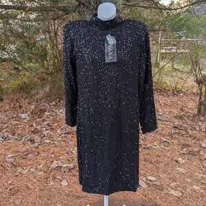Vintage Ivana Silk Full Sequin Black Midi Cocktail Dress Women's 12 Gorgeous